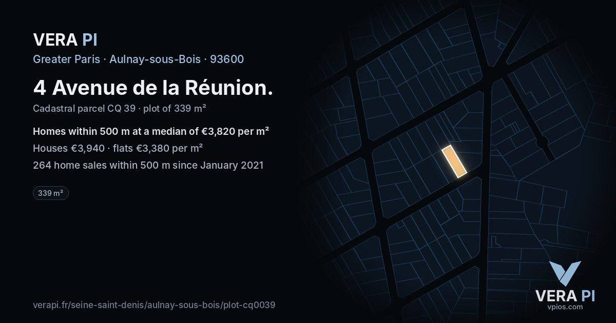 4 Avenue de la Réunion, Aulnay-sous-Bois at night – the plot lit, the parcels around coloured by the prices near them