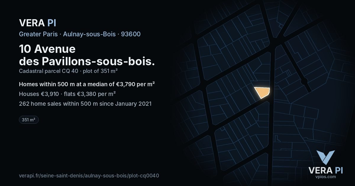 10 Avenue des Pavillons-sous-bois, Aulnay-sous-Bois at night – the plot lit, the parcels around coloured by the prices near them