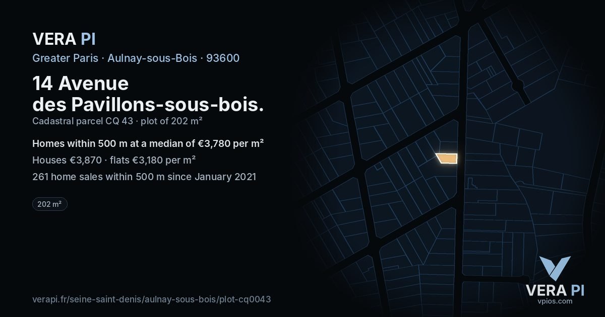 14 Avenue des Pavillons-sous-bois, Aulnay-sous-Bois at night – the plot lit, the parcels around coloured by the prices near them