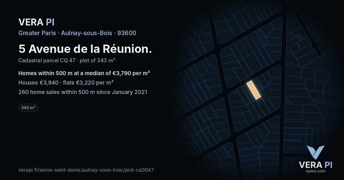 5 Avenue de la Réunion, Aulnay-sous-Bois at night – the plot lit, the parcels around coloured by the prices near them