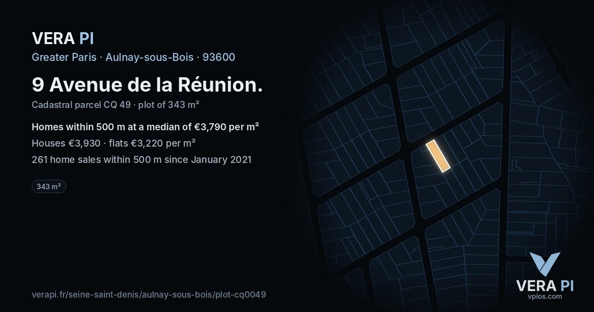 9 Avenue de la Réunion, Aulnay-sous-Bois at night – the plot lit, the parcels around coloured by the prices near them