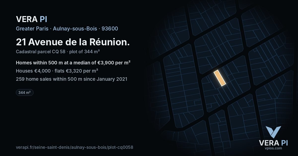 21 Avenue de la Réunion, Aulnay-sous-Bois at night – the plot lit, the parcels around coloured by the prices near them