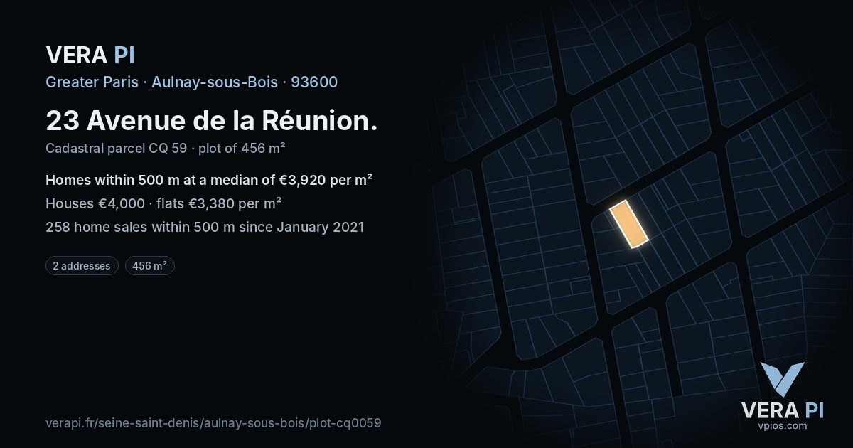 23 Avenue de la Réunion, Aulnay-sous-Bois at night – the plot lit, the parcels around coloured by the prices near them