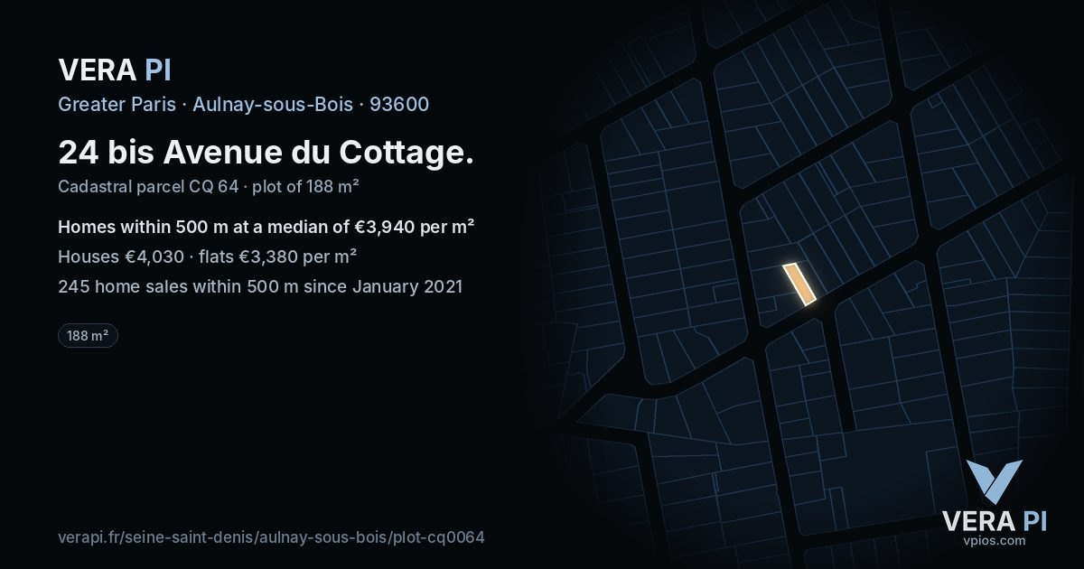 24 bis Avenue du Cottage, Aulnay-sous-Bois at night – the plot lit, the parcels around coloured by the prices near them