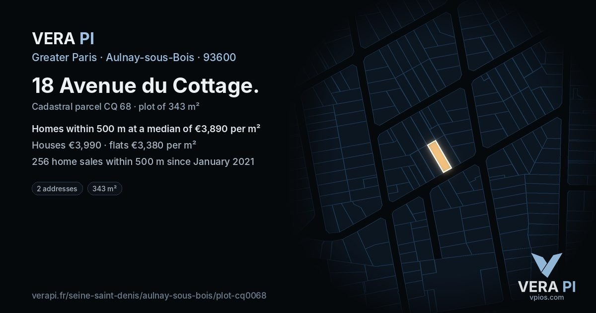 18 Avenue du Cottage, Aulnay-sous-Bois at night – the plot lit, the parcels around coloured by the prices near them