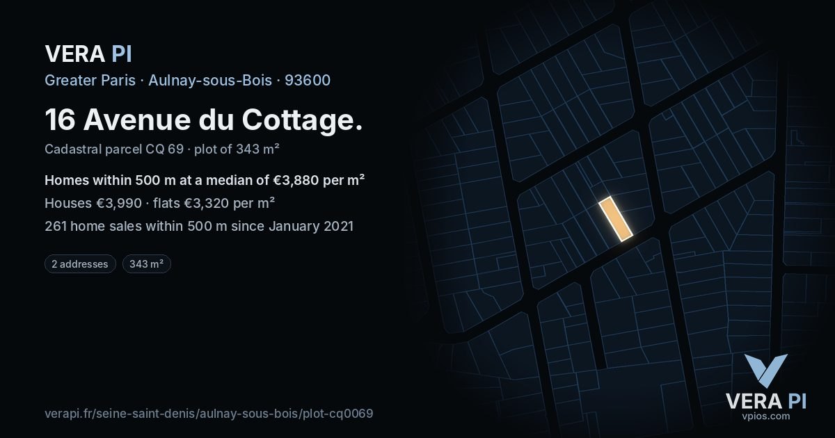 16 Avenue du Cottage, Aulnay-sous-Bois at night – the plot lit, the parcels around coloured by the prices near them
