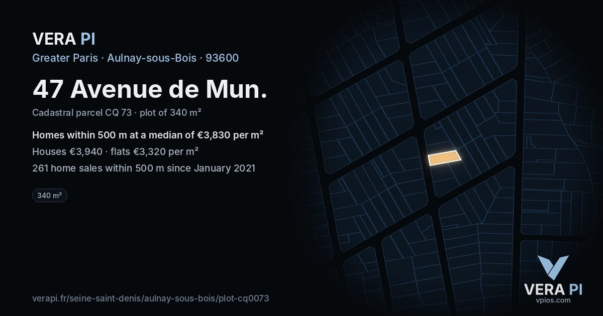 47 Avenue de Mun, Aulnay-sous-Bois at night – the plot lit, the parcels around coloured by the prices near them