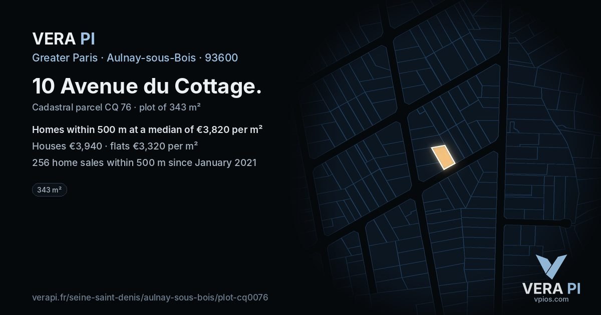 10 Avenue du Cottage, Aulnay-sous-Bois at night – the plot lit, the parcels around coloured by the prices near them