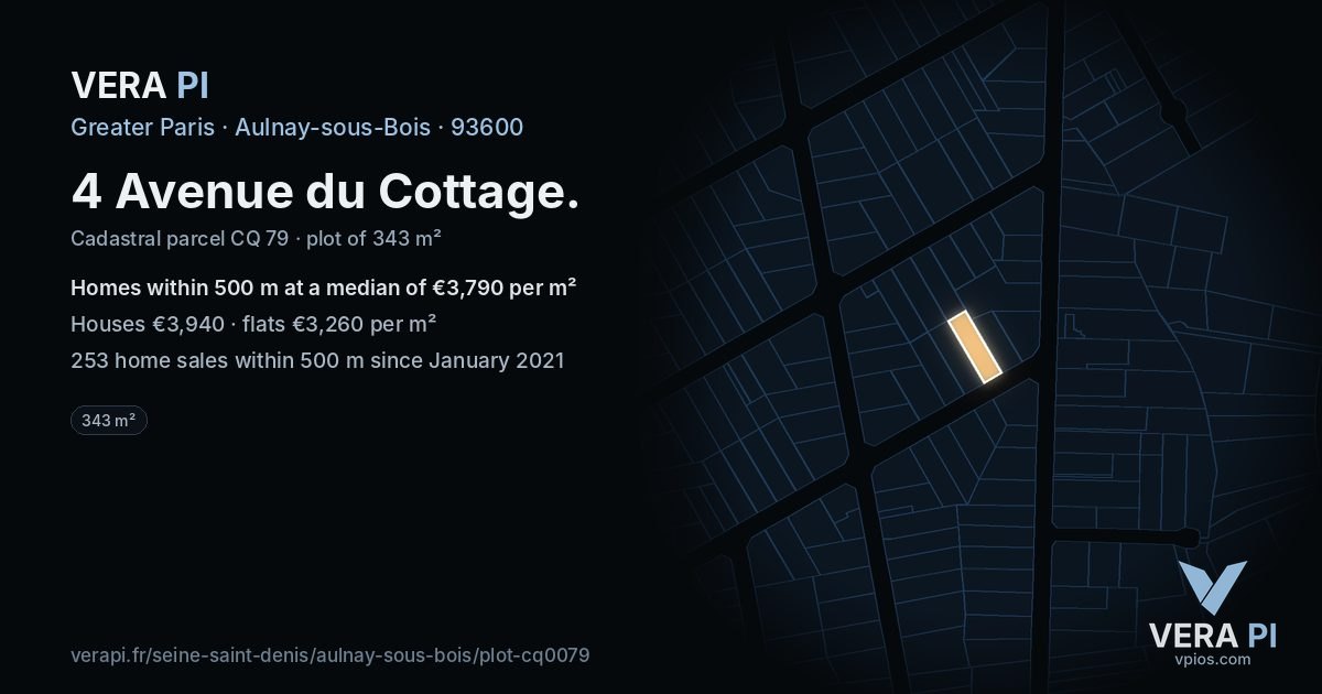 4 Avenue du Cottage, Aulnay-sous-Bois at night – the plot lit, the parcels around coloured by the prices near them