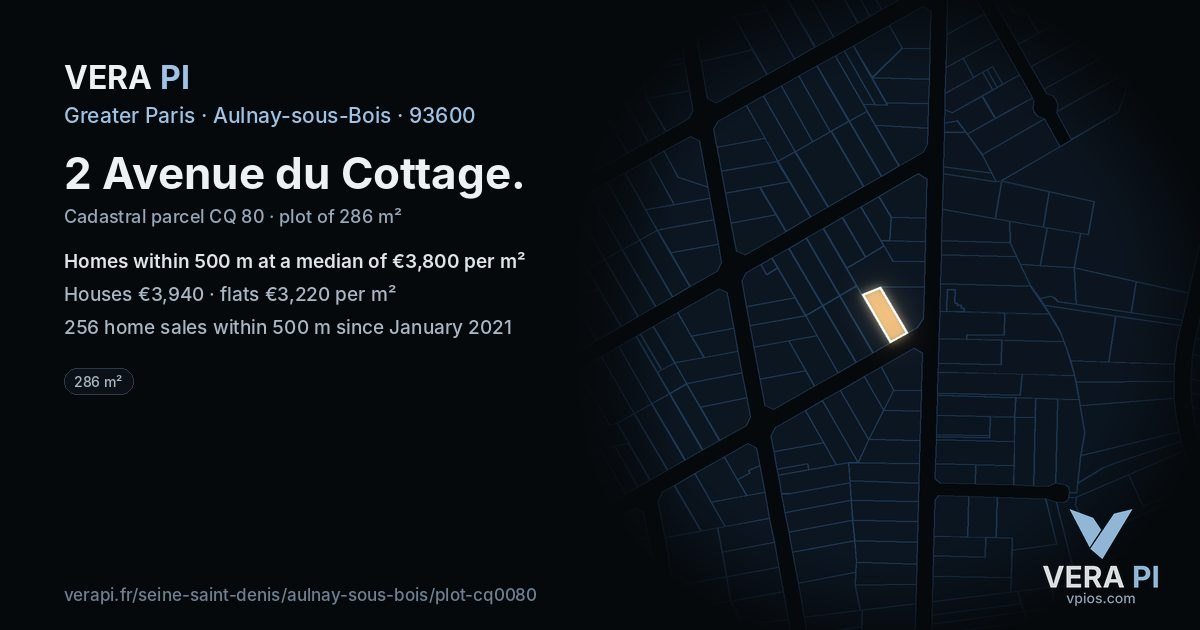 2 Avenue du Cottage, Aulnay-sous-Bois at night – the plot lit, the parcels around coloured by the prices near them