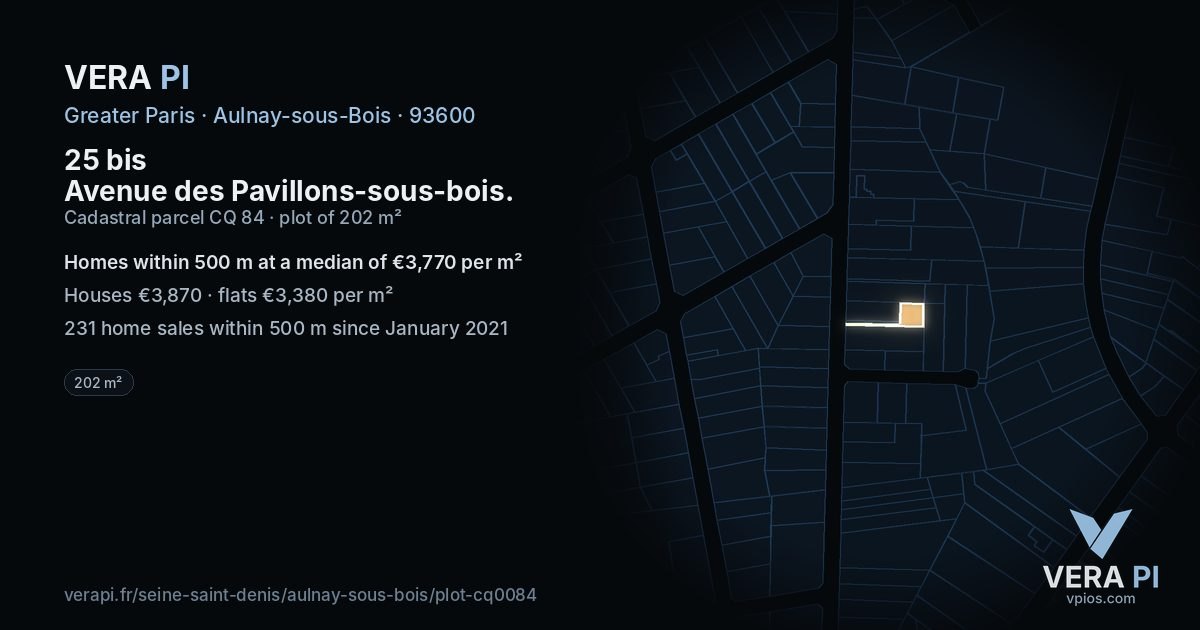 25 bis Avenue des Pavillons-sous-bois, Aulnay-sous-Bois at night – the plot lit, the parcels around coloured by the prices near them