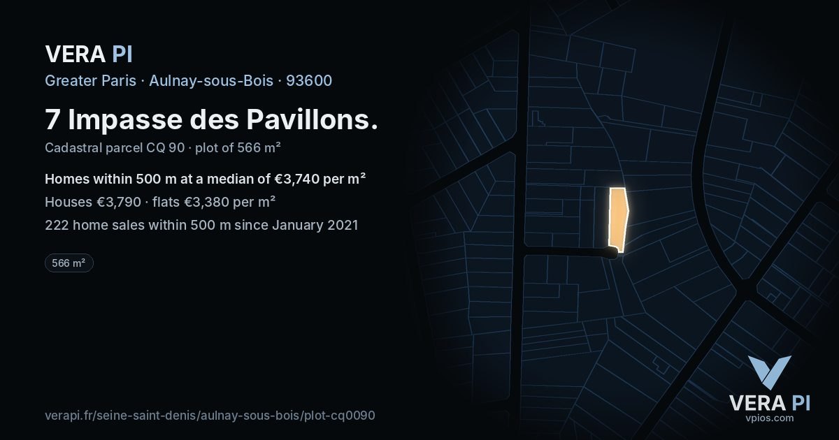 7 Impasse des Pavillons, Aulnay-sous-Bois at night – the plot lit, the parcels around coloured by the prices near them