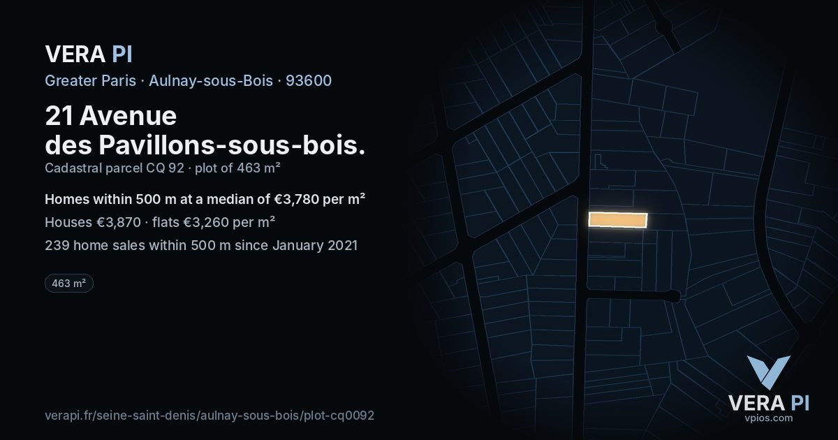 21 Avenue des Pavillons-sous-bois, Aulnay-sous-Bois at night – the plot lit, the parcels around coloured by the prices near them