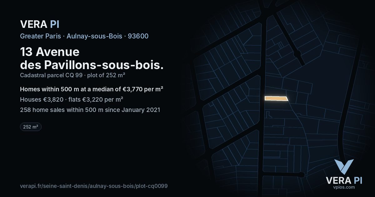 13 Avenue des Pavillons-sous-bois, Aulnay-sous-Bois at night – the plot lit, the parcels around coloured by the prices near them