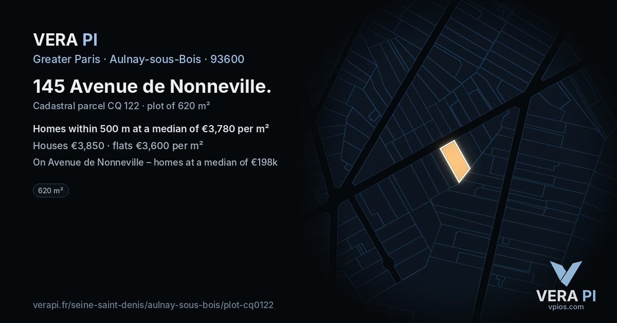 145 Avenue de Nonneville, Aulnay-sous-Bois at night – the plot lit, the parcels around coloured by the prices near them