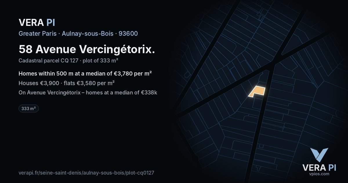 58 Avenue Vercingétorix, Aulnay-sous-Bois at night – the plot lit, the parcels around coloured by the prices near them