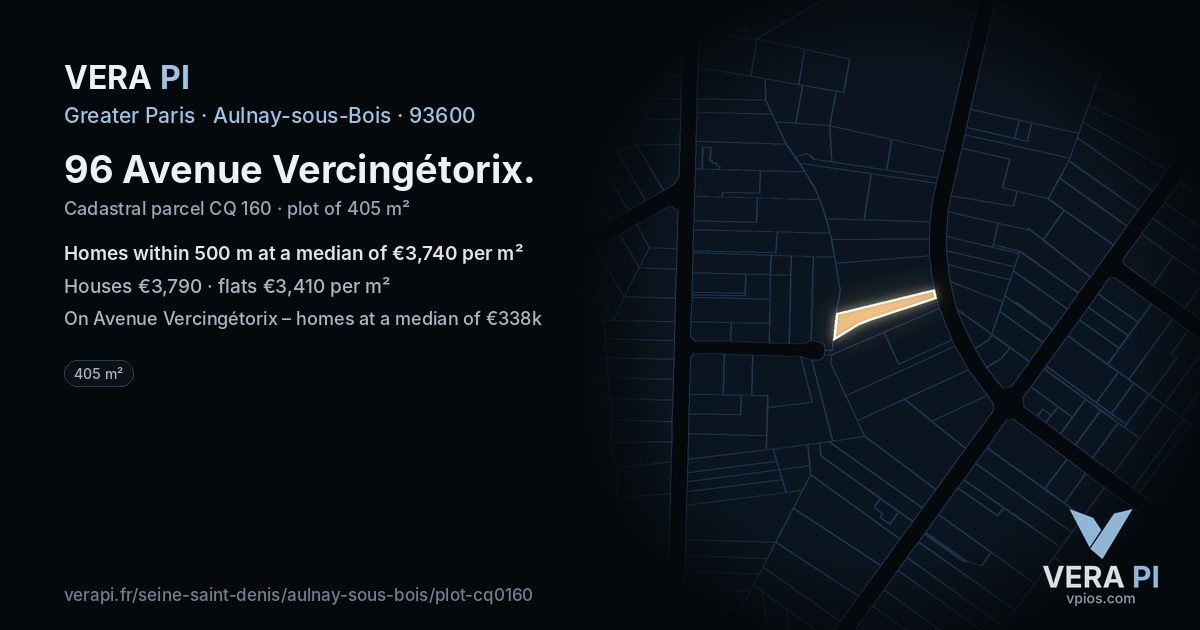 96 Avenue Vercingétorix, Aulnay-sous-Bois at night – the plot lit, the parcels around coloured by the prices near them