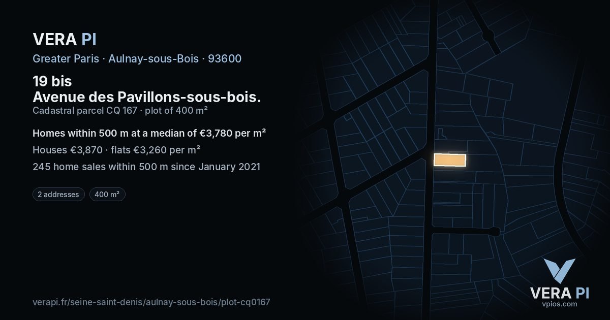 19 bis Avenue des Pavillons-sous-bois, Aulnay-sous-Bois at night – the plot lit, the parcels around coloured by the prices near them