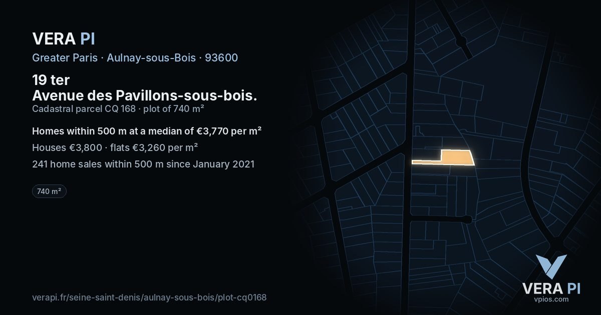 19 ter Avenue des Pavillons-sous-bois, Aulnay-sous-Bois at night – the plot lit, the parcels around coloured by the prices near them
