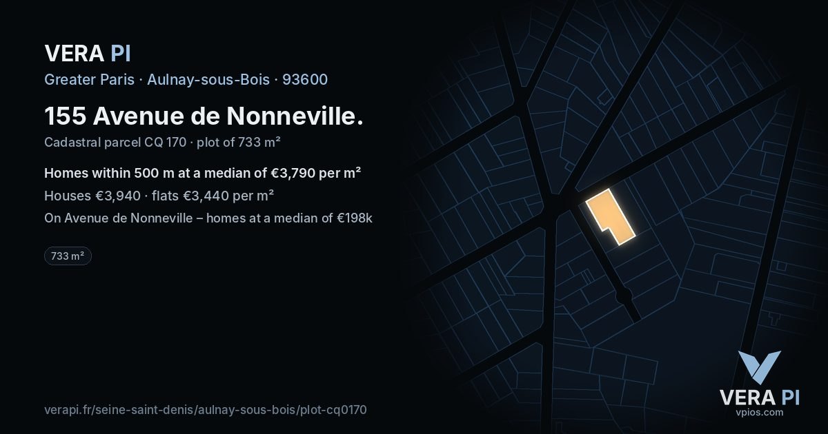 155 Avenue de Nonneville, Aulnay-sous-Bois at night – the plot lit, the parcels around coloured by the prices near them