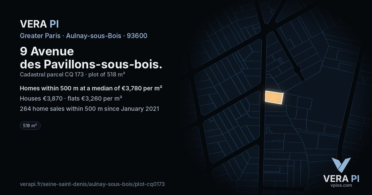 9 Avenue des Pavillons-sous-bois, Aulnay-sous-Bois at night – the plot lit, the parcels around coloured by the prices near them