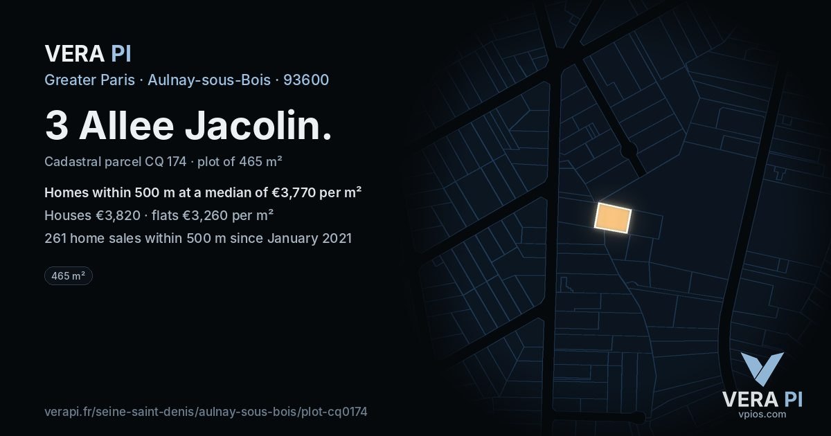 3 Allee Jacolin, Aulnay-sous-Bois at night – the plot lit, the parcels around coloured by the prices near them