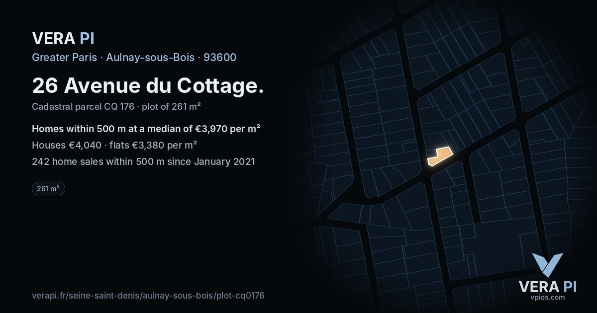 26 Avenue du Cottage, Aulnay-sous-Bois at night – the plot lit, the parcels around coloured by the prices near them