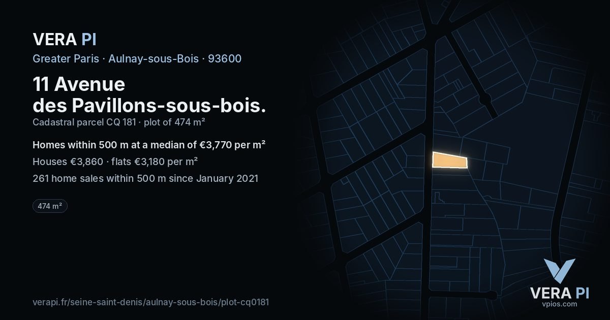 11 Avenue des Pavillons-sous-bois, Aulnay-sous-Bois at night – the plot lit, the parcels around coloured by the prices near them
