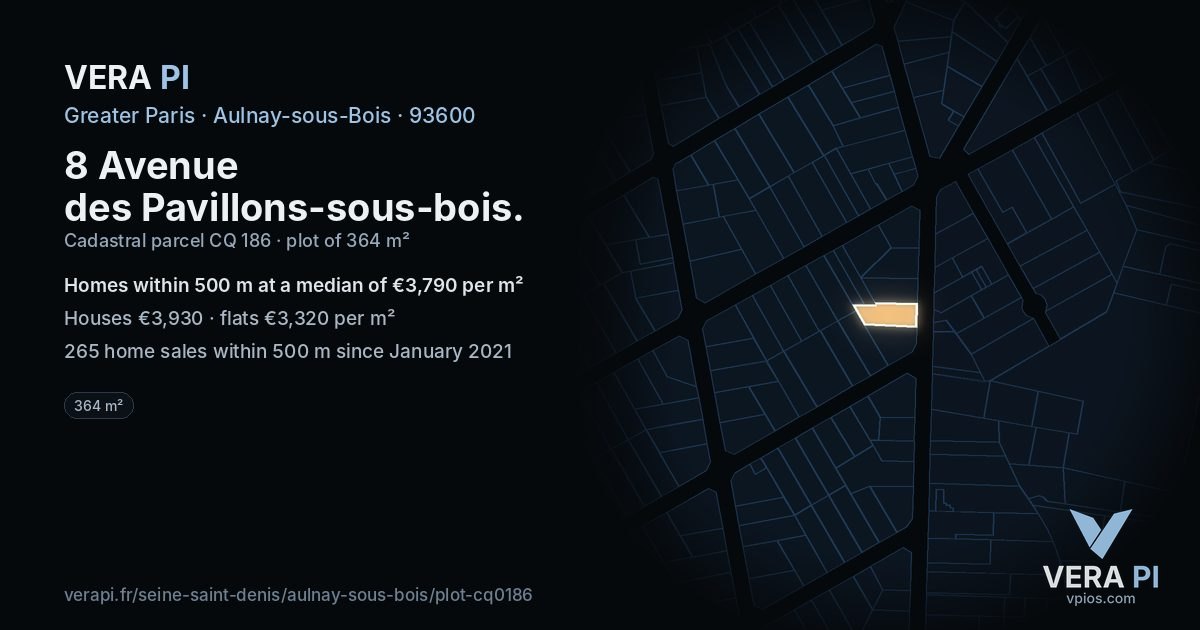 8 Avenue des Pavillons-sous-bois, Aulnay-sous-Bois at night – the plot lit, the parcels around coloured by the prices near them