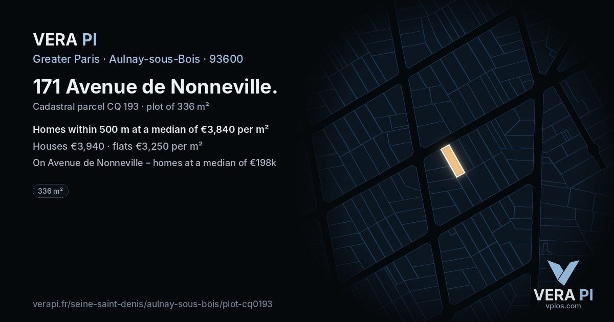 171 Avenue de Nonneville, Aulnay-sous-Bois at night – the plot lit, the parcels around coloured by the prices near them