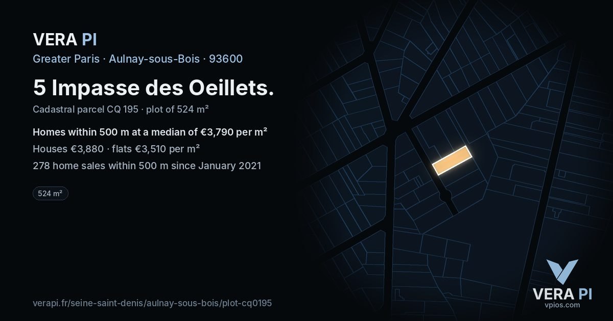 5 Impasse des Oeillets, Aulnay-sous-Bois at night – the plot lit, the parcels around coloured by the prices near them