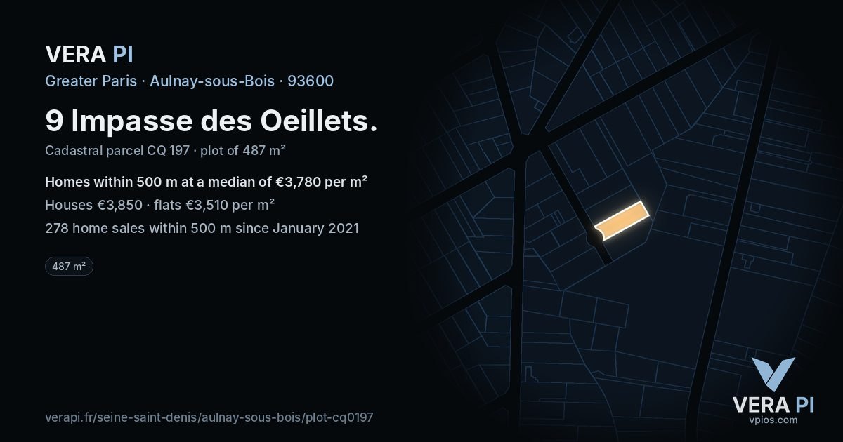 9 Impasse des Oeillets, Aulnay-sous-Bois at night – the plot lit, the parcels around coloured by the prices near them