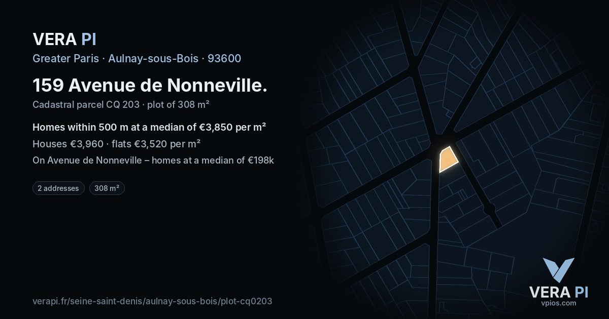 159 Avenue de Nonneville, Aulnay-sous-Bois at night – the plot lit, the parcels around coloured by the prices near them