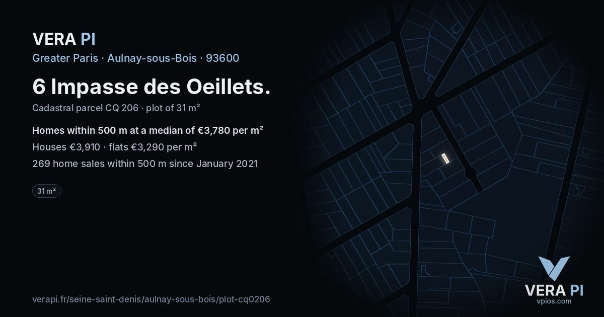 6 Impasse des Oeillets, Aulnay-sous-Bois at night – the plot lit, the parcels around coloured by the prices near them