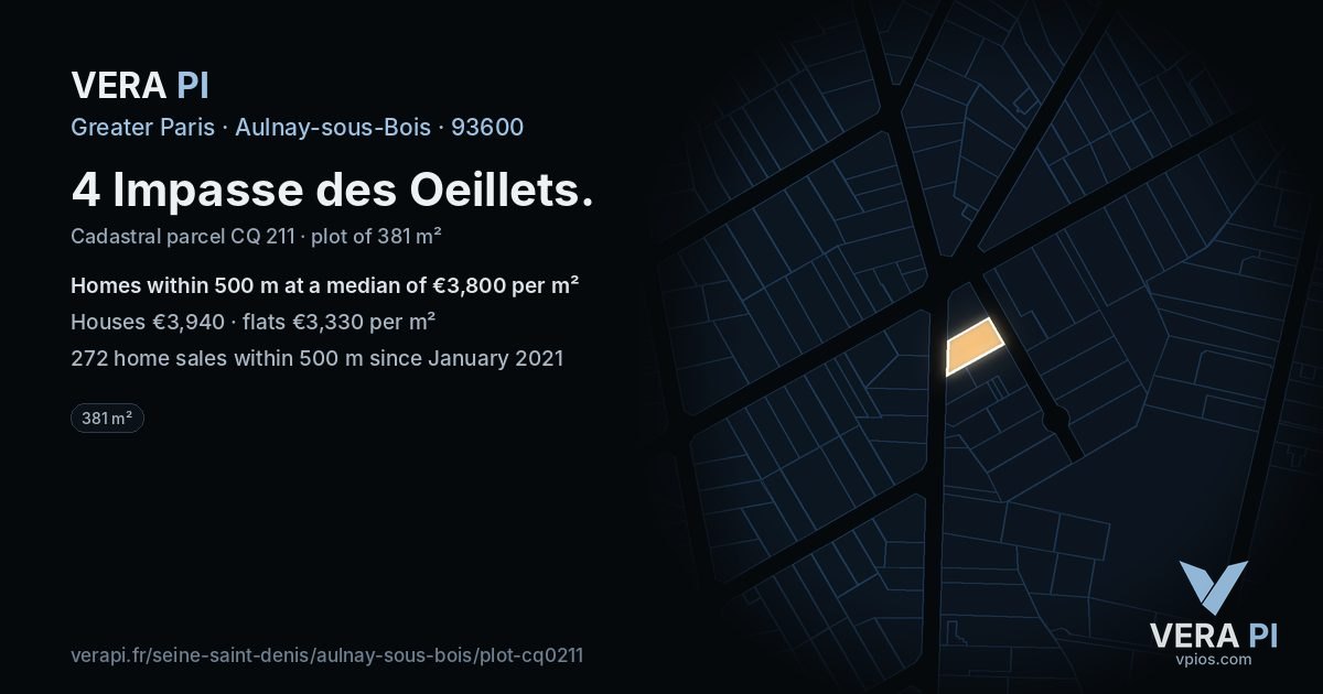 4 Impasse des Oeillets, Aulnay-sous-Bois at night – the plot lit, the parcels around coloured by the prices near them