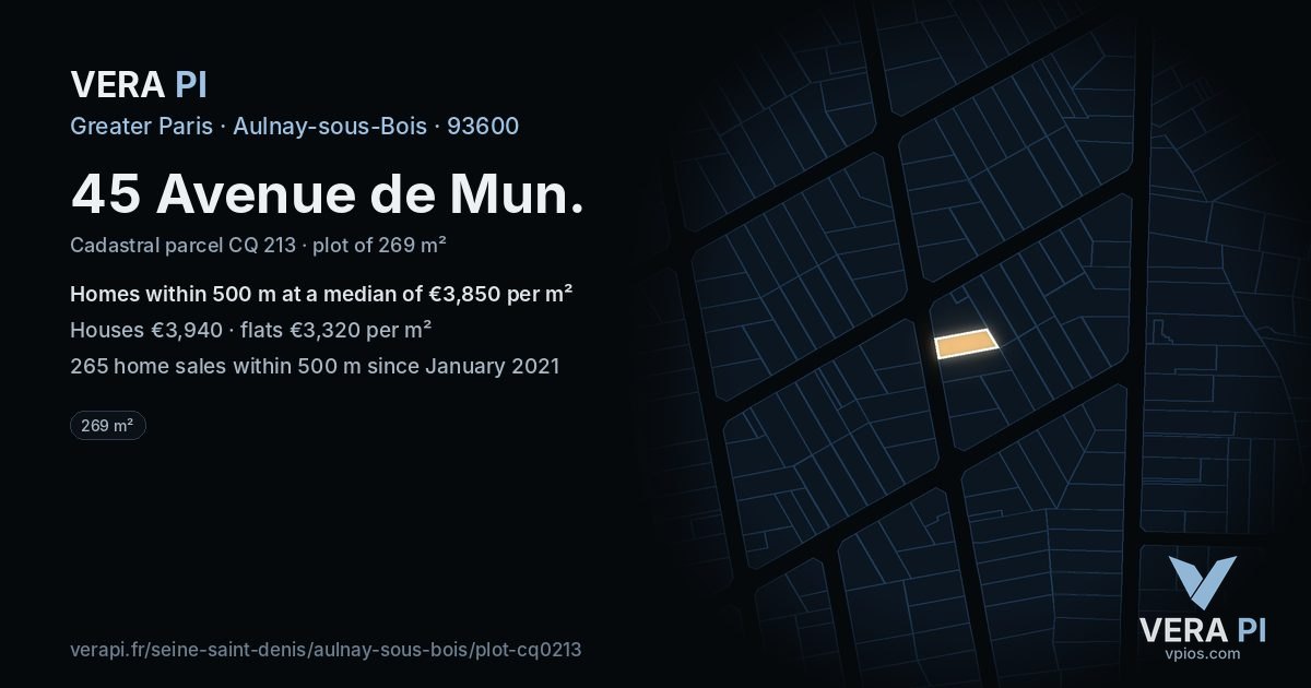 45 Avenue de Mun, Aulnay-sous-Bois at night – the plot lit, the parcels around coloured by the prices near them