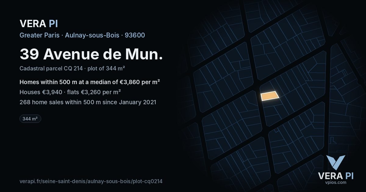 39 Avenue de Mun, Aulnay-sous-Bois at night – the plot lit, the parcels around coloured by the prices near them