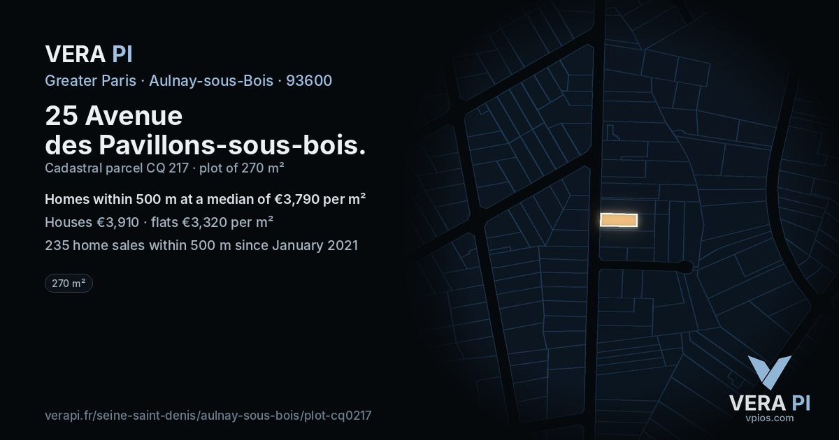 25 Avenue des Pavillons-sous-bois, Aulnay-sous-Bois at night – the plot lit, the parcels around coloured by the prices near them