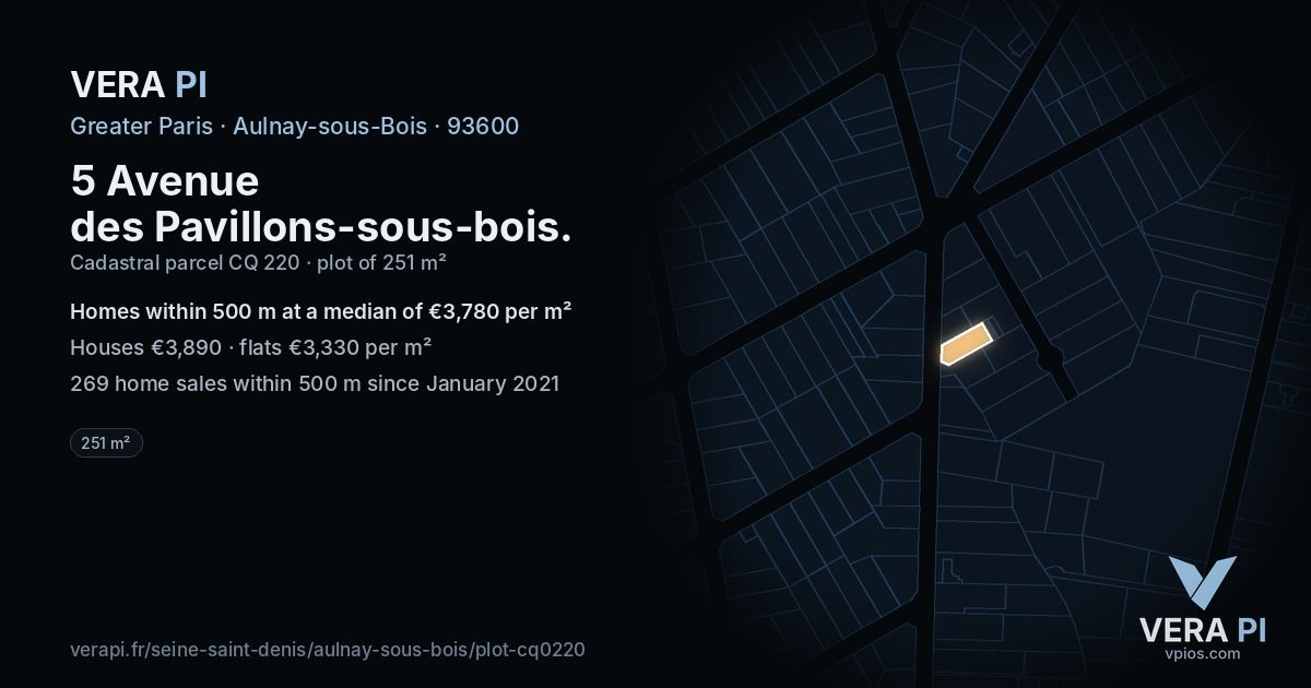5 Avenue des Pavillons-sous-bois, Aulnay-sous-Bois at night – the plot lit, the parcels around coloured by the prices near them