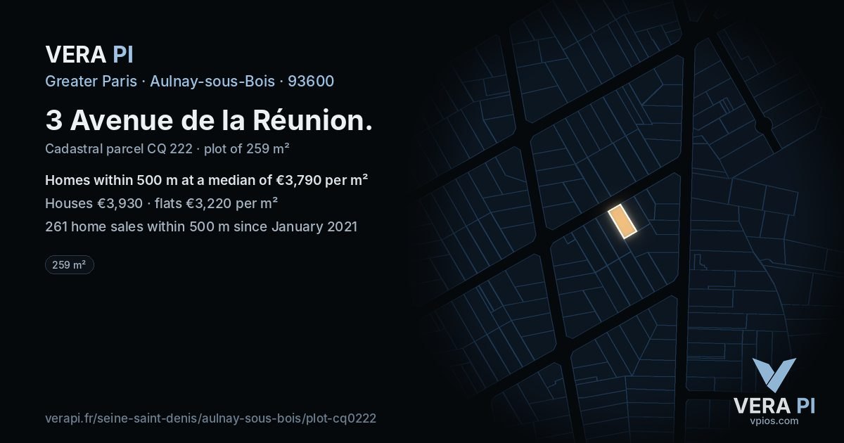 3 Avenue de la Réunion, Aulnay-sous-Bois at night – the plot lit, the parcels around coloured by the prices near them