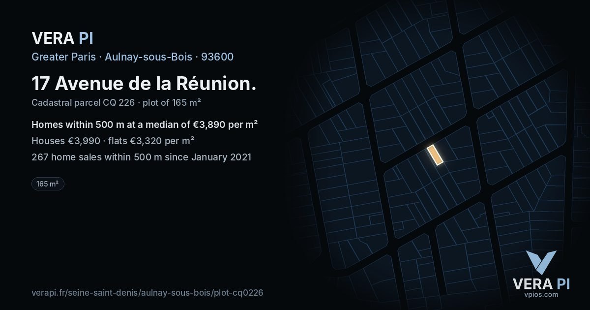 17 Avenue de la Réunion, Aulnay-sous-Bois at night – the plot lit, the parcels around coloured by the prices near them