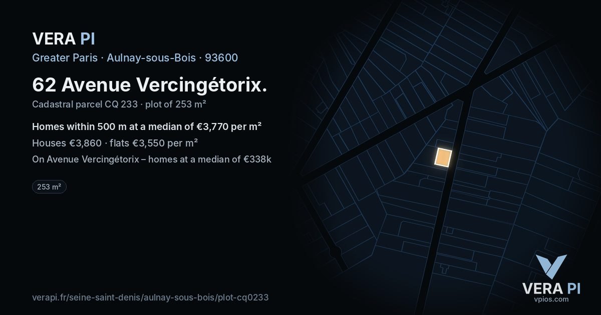 62 Avenue Vercingétorix, Aulnay-sous-Bois at night – the plot lit, the parcels around coloured by the prices near them