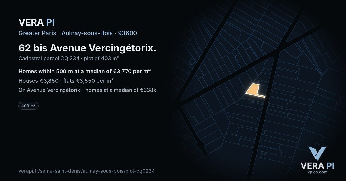 62 bis Avenue Vercingétorix, Aulnay-sous-Bois at night – the plot lit, the parcels around coloured by the prices near them