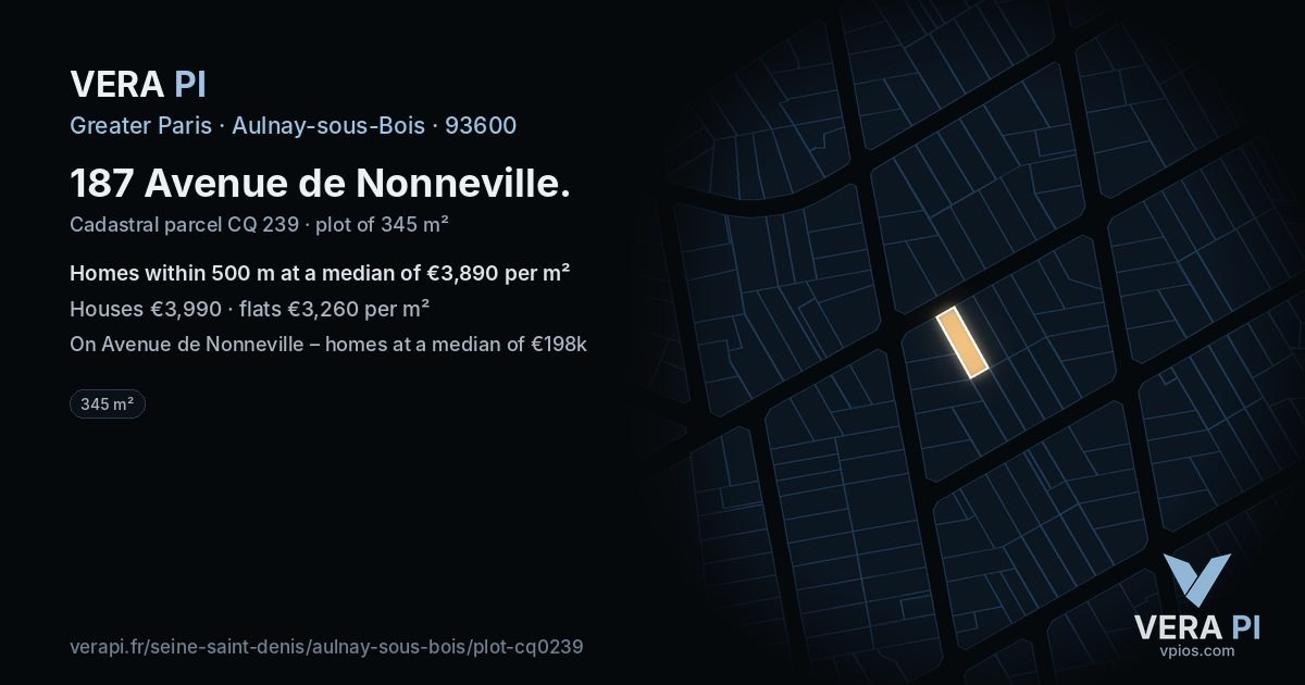 187 Avenue de Nonneville, Aulnay-sous-Bois at night – the plot lit, the parcels around coloured by the prices near them