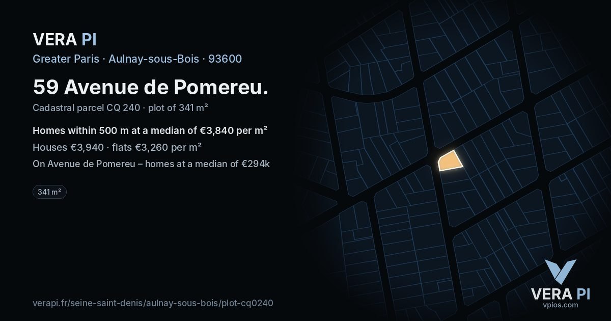 59 Avenue de Pomereu, Aulnay-sous-Bois at night – the plot lit, the parcels around coloured by the prices near them