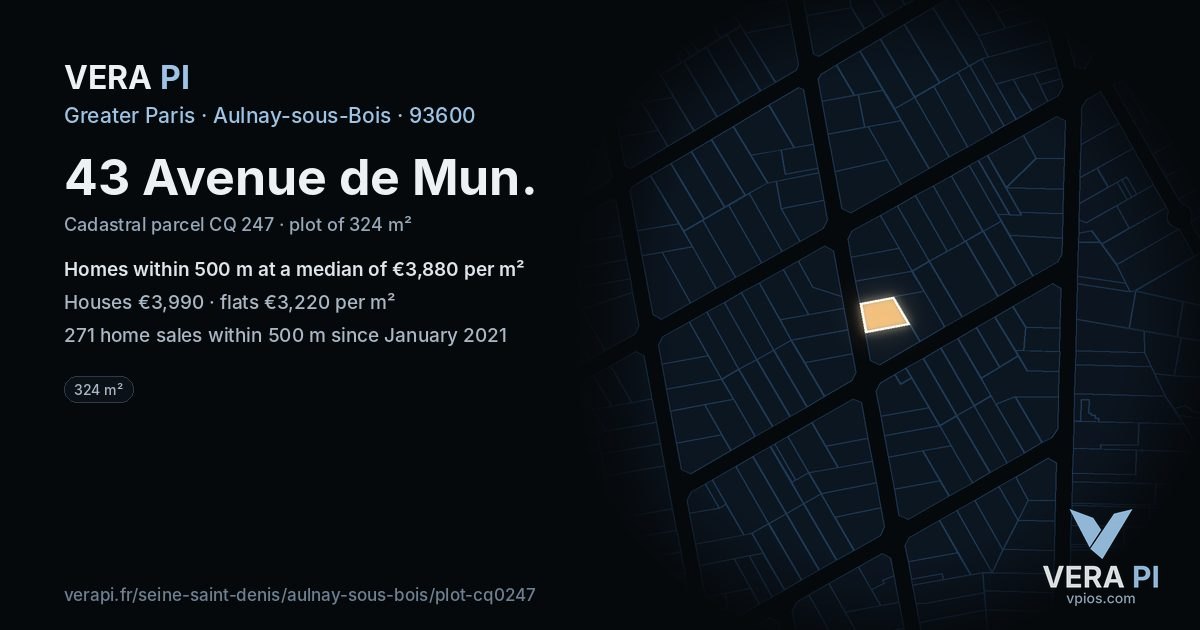43 Avenue de Mun, Aulnay-sous-Bois at night – the plot lit, the parcels around coloured by the prices near them