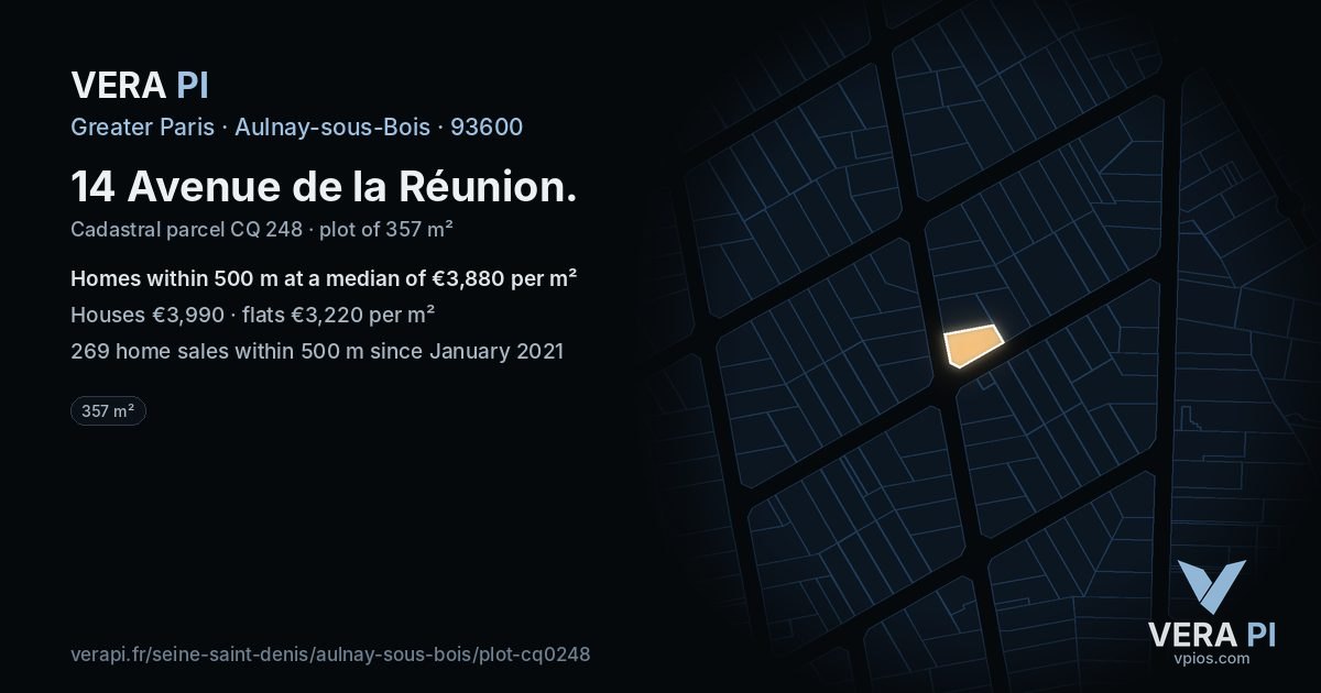 14 Avenue de la Réunion, Aulnay-sous-Bois at night – the plot lit, the parcels around coloured by the prices near them