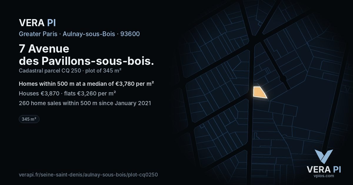 7 Avenue des Pavillons-sous-bois, Aulnay-sous-Bois at night – the plot lit, the parcels around coloured by the prices near them