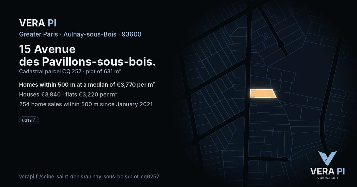 15 Avenue des Pavillons-sous-bois, Aulnay-sous-Bois at night – the plot lit, the parcels around coloured by the prices near them