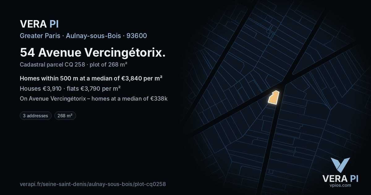 54 Avenue Vercingétorix, Aulnay-sous-Bois at night – the plot lit, the parcels around coloured by the prices near them
